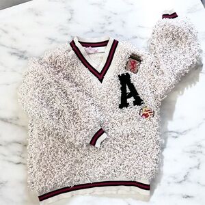 Anthropologie Cream V-Neck Sweater with Black and Pink Accents